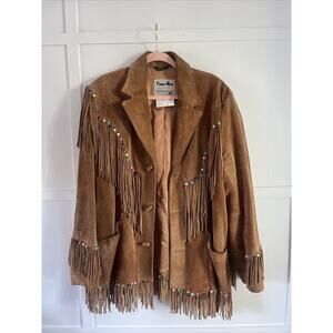 Vintage Pioneer Wear Suede Leather Brown Bead Fringe Western Jacket USA 44 L XL